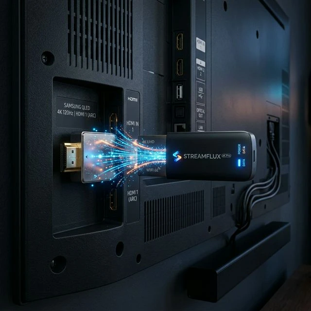 High-end 4K streaming sticks and devices on a glass table in front of a live football match