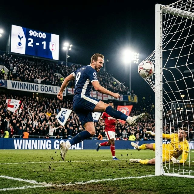 Football striker kicking a dramatic 90th-minute winning goal under stadium lights without buffering