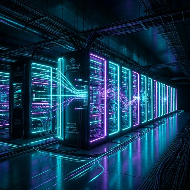Glowing futuristic server racks in a data center powering high-speed anti-freeze live TV streaming