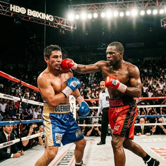 Dramatic professional boxing match action shot under bright floodlights in a PPV live stream