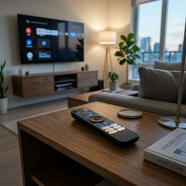 Simple and easy to use smart TV remote on a wooden coffee table for a modern TV setup