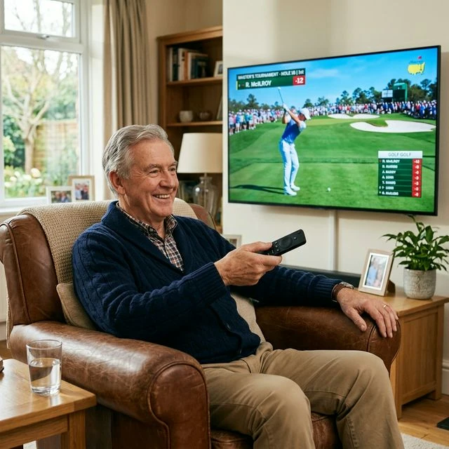 Older gentleman using an easy TV remote in an armchair while watching a live golf match in 4K