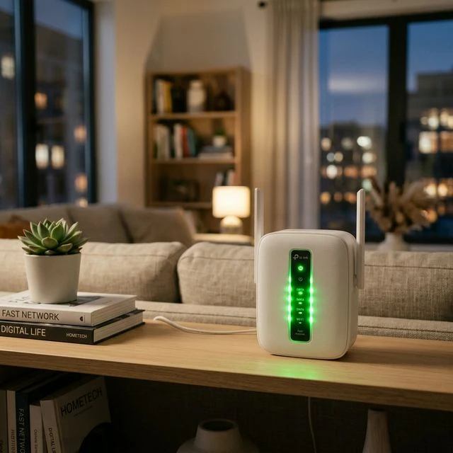 Glowing high-speed Wi-Fi router flashing green lights ensuring smooth buffer-free internet streaming